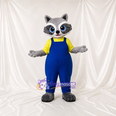 Blue Bib Raccoon Mascot Costume Full Body for Adults School Events