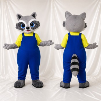 Blue Bib Raccoon Mascot Costume Full Body for Adults School Events