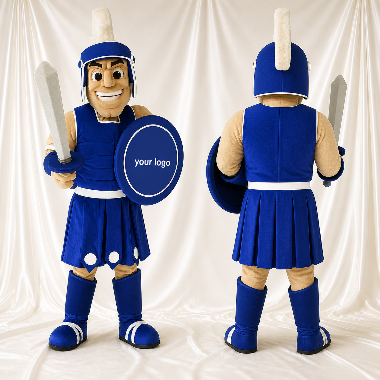 Guerrier Ancien Bouclier et Épée Bleu Costume de mascotte intégral pour adultes Musées Guerrier Ancien Bouclier et Épée Bleu Costume de mascotte intégral pour adultes Musées