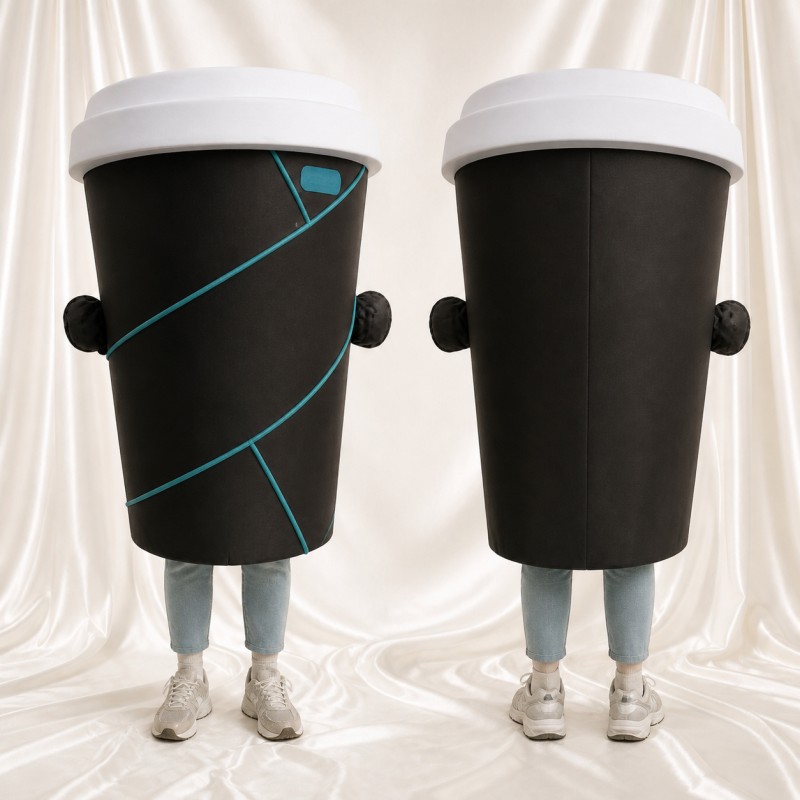 Black Coffee Cup Mascot Costume Full Body for Adults Food Events