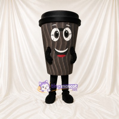 Woodgrain Printed Coffee Cup Mascot Costume Full Body for Adults Food Events