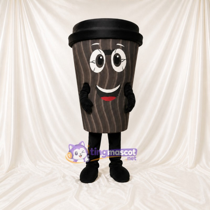 Woodgrain Printed Coffee Cup Mascot Costume Full Body for Adults Food Events