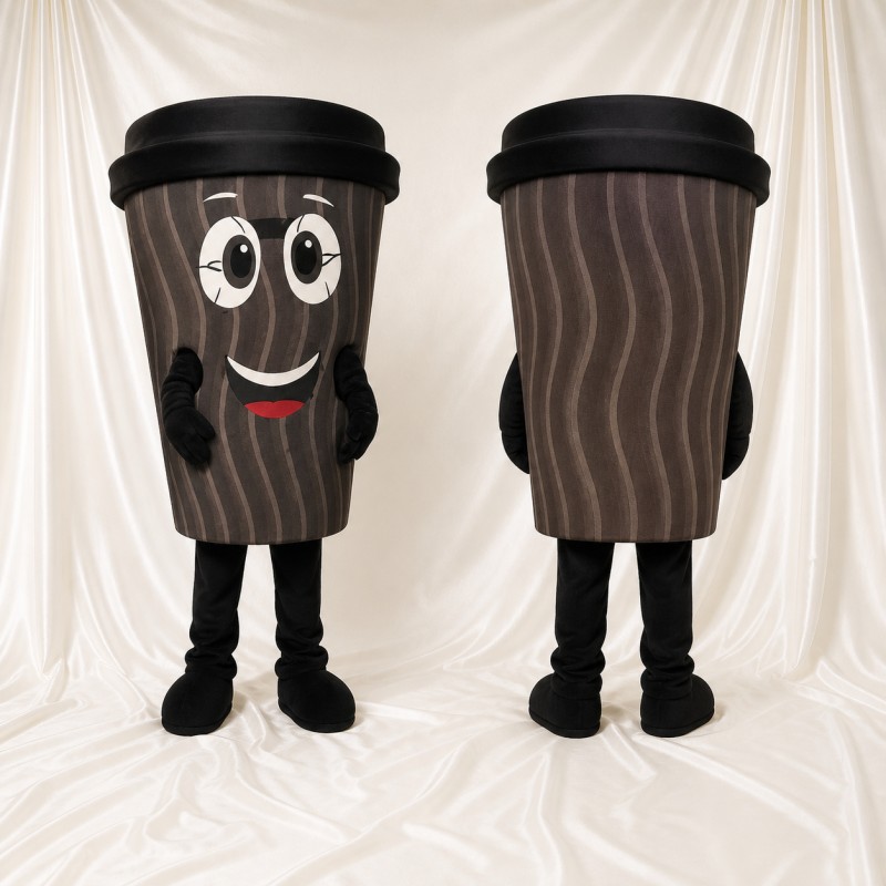 Woodgrain Printed Coffee Cup Mascot Costume Full Body for Adults Food Events