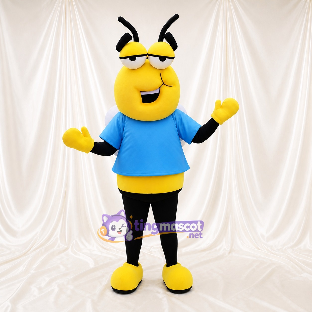 Abeille en chemise bleue Costume de mascotte intégral pour adultes Événements scolaires Abeille en chemise bleue Costume de mascotte intégral pour adultes Événements scolaires
