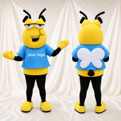 Abeille en chemise bleue Costume de mascotte intégral pour adultes Événements scolaires