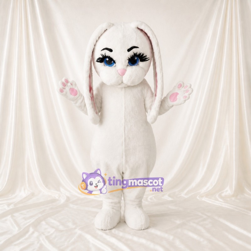 White Soft Long Rabbit Mascot Costume Full Body for Adults School Events