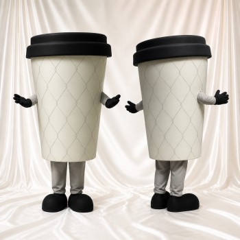 Weiß schwarzer To Go Kaffeebecher Maskottchenkostüm Ganzkörper für Erwachsene Gastronomieveranstaltungen