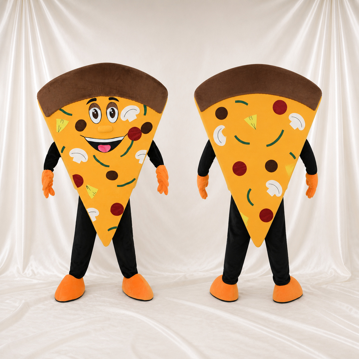 Gelbes Bedrucktes Topping Pizzastück Maskottchenkostüm Ganzkörper für Erwachsene Lebensmittel Gelbes Bedrucktes Topping Pizzastück Maskottchenkostüm Ganzkörper für Erwachsene Lebensmittel