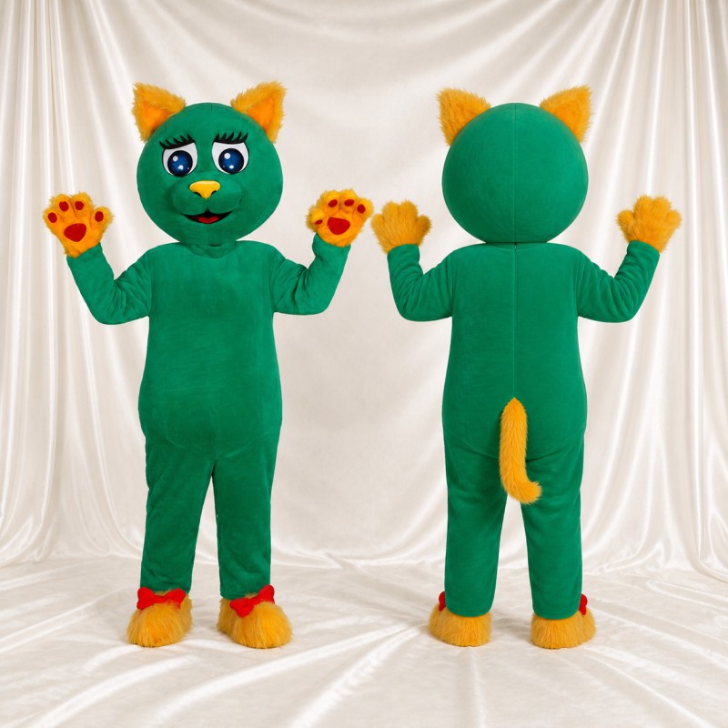 Green Cat Mascot Costume Full Body for Adults School Events