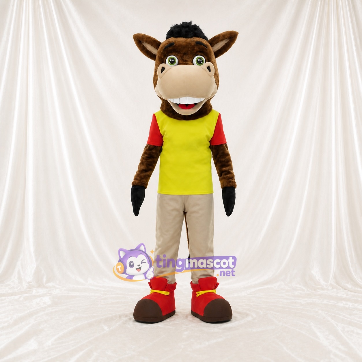 Cheval brun athlète Costume de mascotte intégral pour adultes Événements sportifs Cheval brun athlète Costume de mascotte intégral pour adultes Événements sportifs
