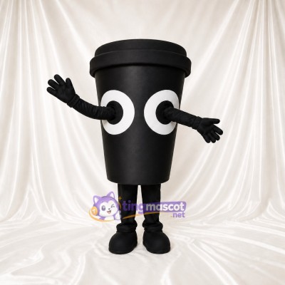 Black Coffee Cup Mascot Costume Full Body for Adults Trade Shows