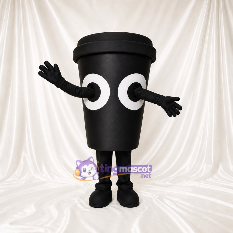 Black Coffee Cup Mascot Costume Full Body for Adults Trade Shows