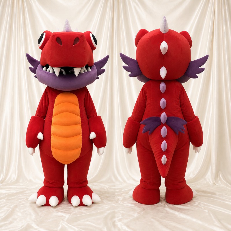 Red Cartoon Facial Dragon Mascot Costume Full Body for Adults School Events