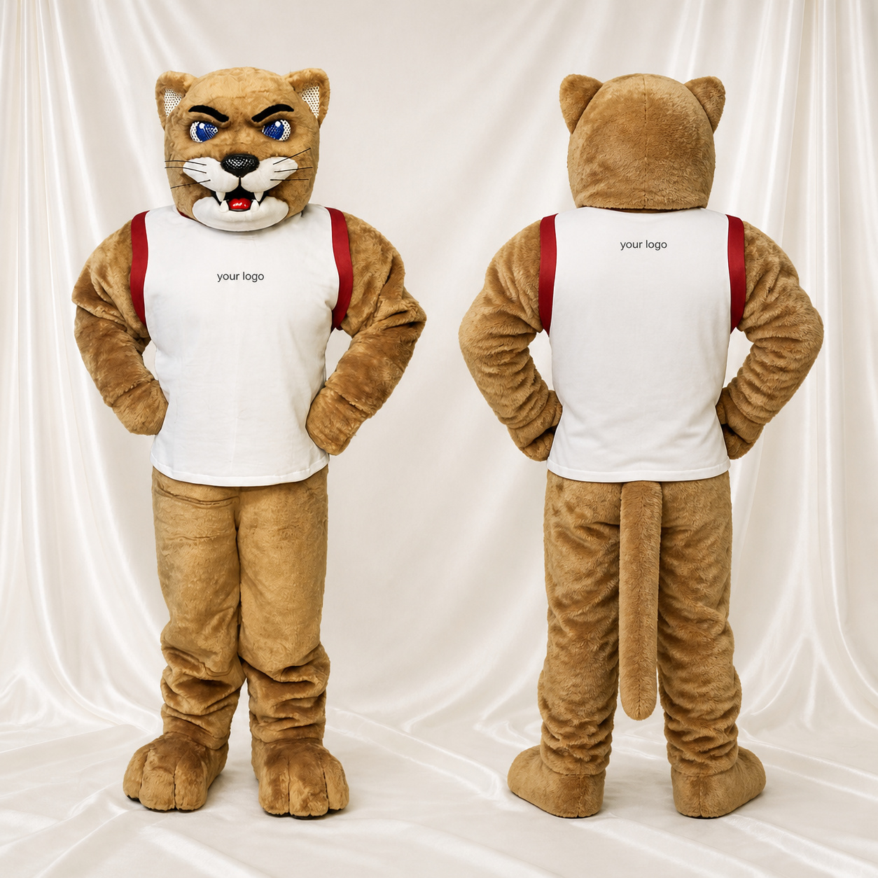 Beige Puma Athlet Maskottchenkostüm Ganzkörper für Erwachsene Sportveranstaltungen Beige Puma Athlet Maskottchenkostüm Ganzkörper für Erwachsene Sportveranstaltungen