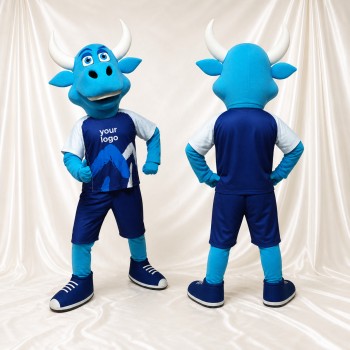 Blue Team Uniform Bull Athlete Mascot Costume Full Body for Adults Sports Events