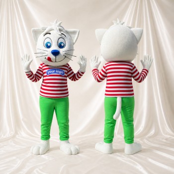Blanc Rouge Vert Et Gris Chat athlète blanc Costume de mascotte intégral pour adultes Événements sportifs