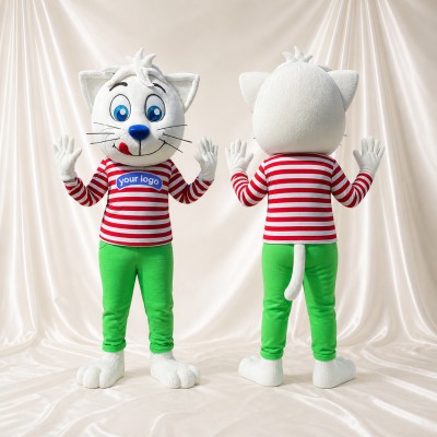 Blanc Rouge Vert Et Gris Chat athlète blanc Costume de mascotte intégral pour adultes Événements sportifs