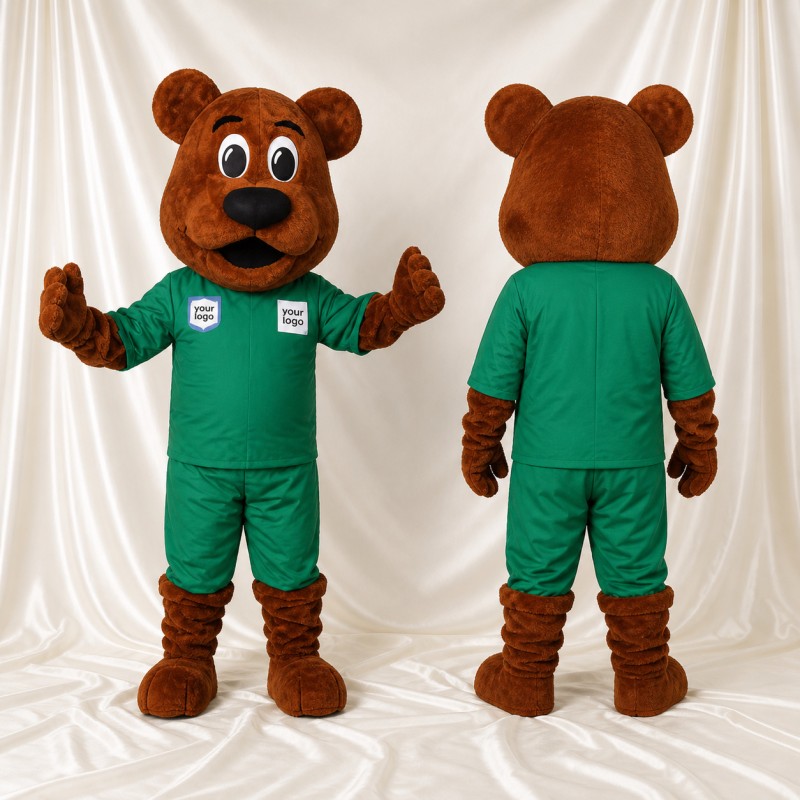 Brown and Green Bear Mascot Costume Full Body for Adults School Events