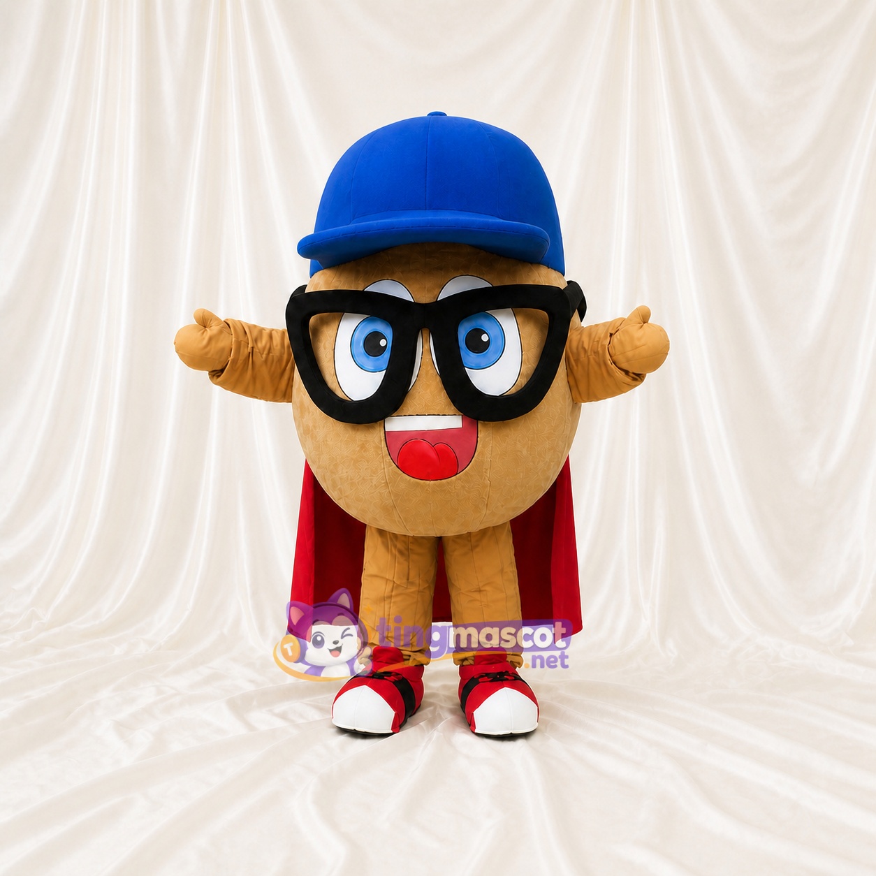 Pomme de terre Super héros Costume de mascotte intégral pour adultes Événements scolaires Pomme de terre Super héros Costume de mascotte intégral pour adultes Événements scolaires