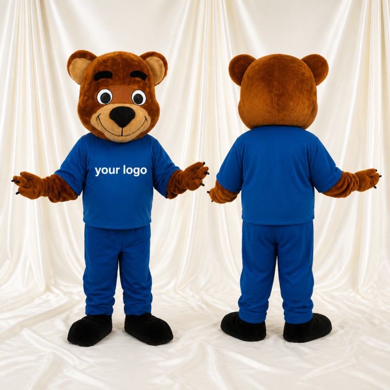 Brown Brown and Blue Bear Mascot Costume Full Body for Adults School Events