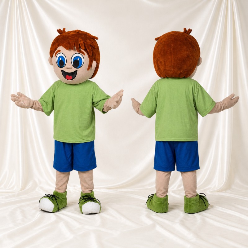 Garçon de dessin animé vert et bleu Costume de mascotte intégral pour adultes Écoles