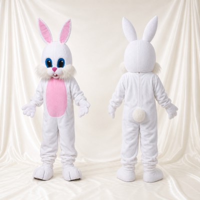 White Construction Rabbit Mascot Costume Full Body for Adults School Events