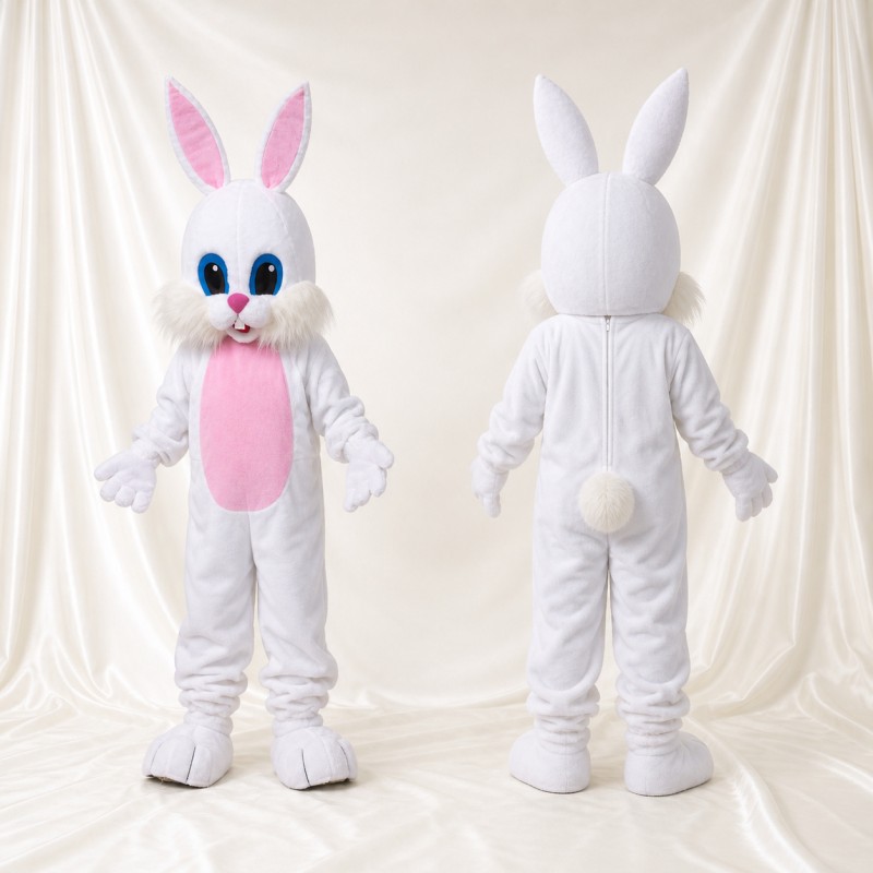 White Construction Rabbit Mascot Costume Full Body for Adults School Events