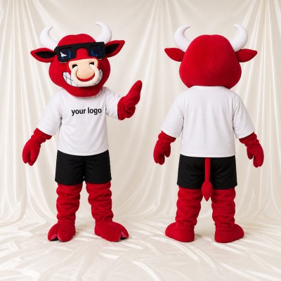 Red Team Uniform Bull Athlete Mascot Costume Full Body for Adults Sports Events