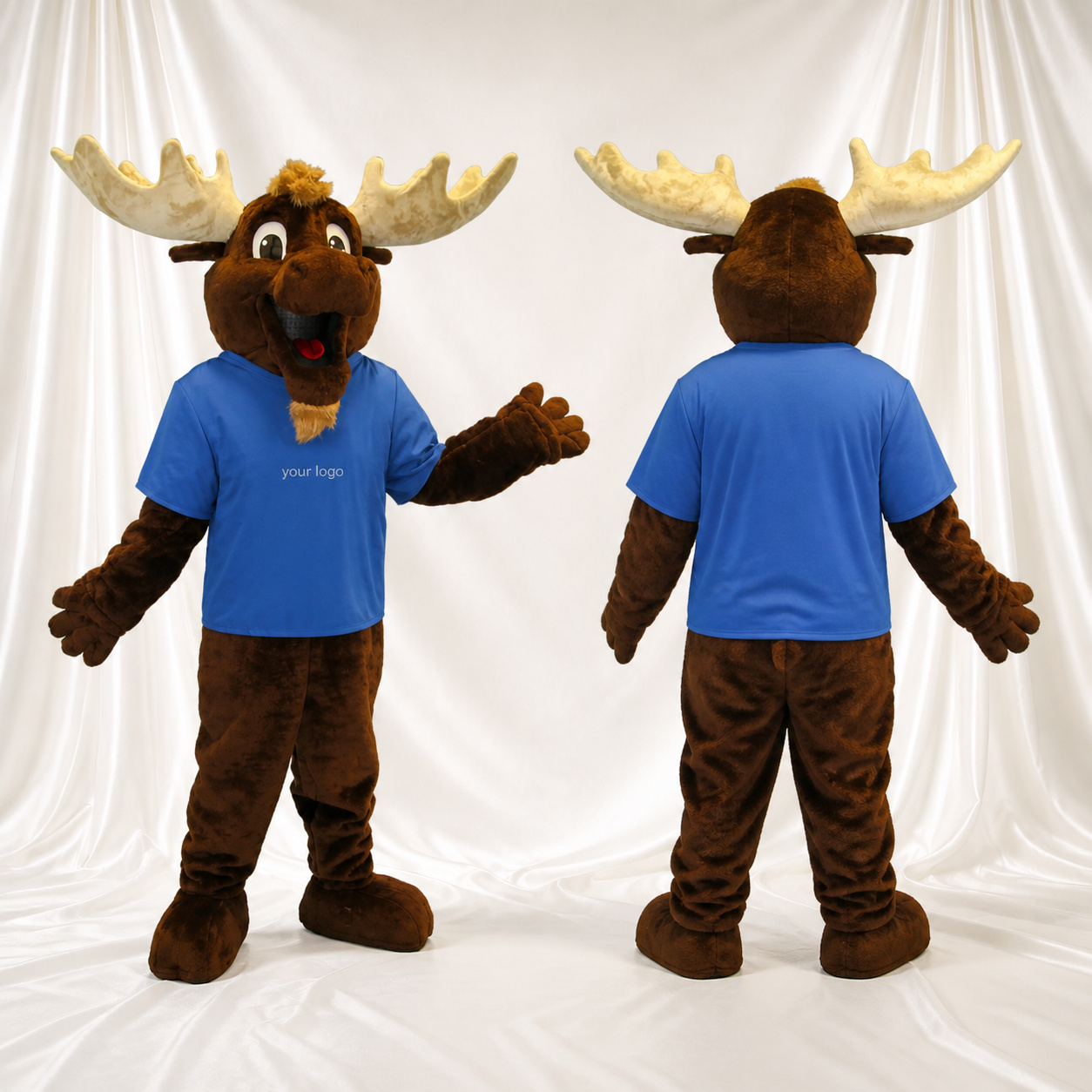 Brown and Blue Moose Athlete Mascot Costume Full Body for Adults Sports Events Brown and Blue Moose Athlete Mascot Costume Full Body for Adults Sports Events
