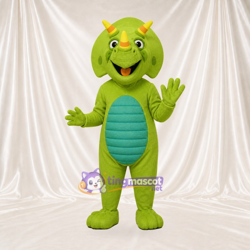 Costume de mascotte tricératops vert citron de chantier intégral pour adultes – événements scolaires
