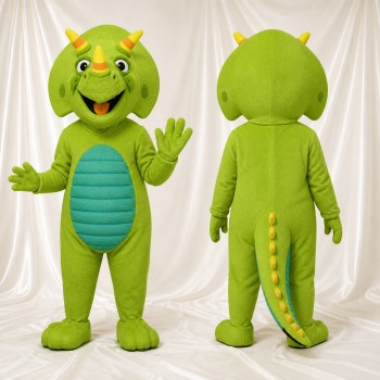 Costume de mascotte tricératops vert citron de chantier intégral pour adultes – événements scolaires