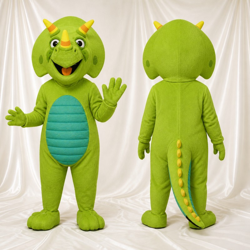 Costume de mascotte tricératops vert citron de chantier intégral pour adultes – événements scolaires