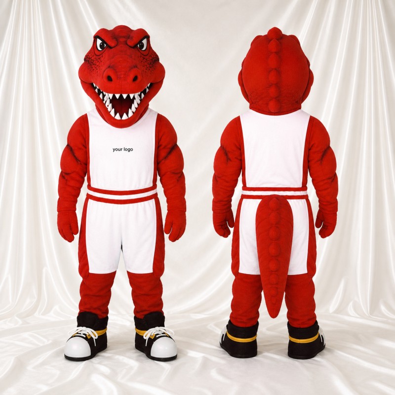 Dinosaure athlète en uniforme d'équipe rouge Costume de mascotte intégral pour adultes Sports