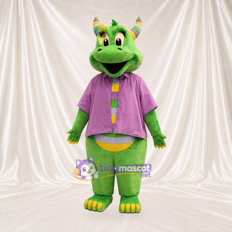 Green and Purple Dragon Mascot Costume Full Body for Adults School Events
