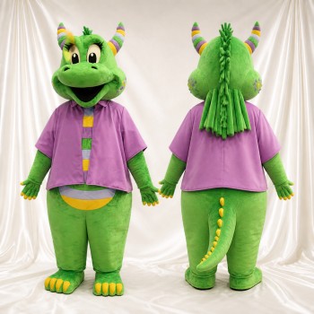 Grüner und lila Drache Maskottchenkostüm Ganzkörper für Erwachsene Schulveranstaltungen
