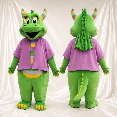 Green and Purple Dragon Mascot Costume Full Body for Adults School Events