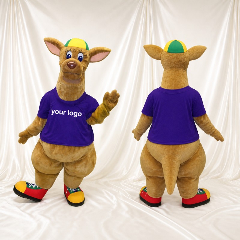 Tan and Purple Kangaroo Athlete Mascot Costume Full Body for Adults Sports