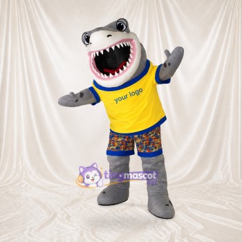 Requin athlète en uniforme d’équipe gris Costume de mascotte intégral pour adultes Sports