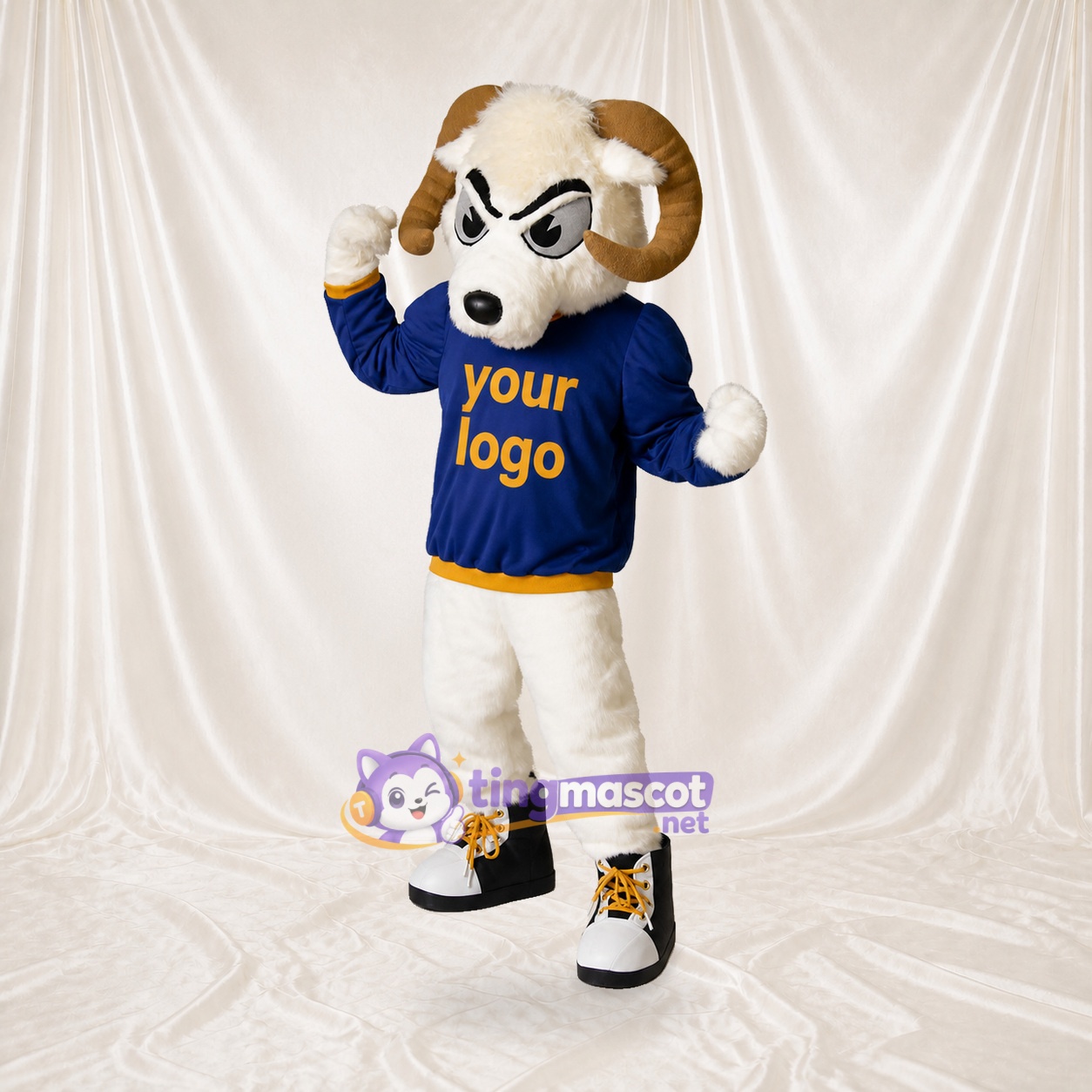Bélier athlète en uniforme d'équipe blanc Costume de mascotte intégral pour adultes Événements sportifs Bélier athlète en uniforme d'équipe blanc Costume de mascotte intégral pour adultes Événements sportifs