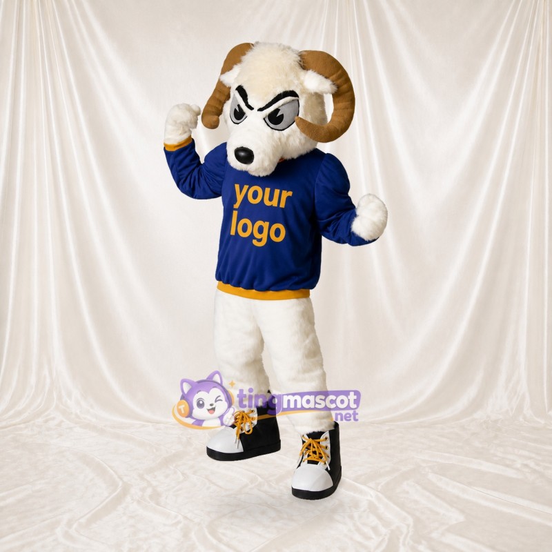 Bélier athlète en uniforme d'équipe blanc Costume de mascotte intégral pour adultes Événements sportifs