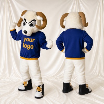 Bélier athlète en uniforme d'équipe blanc Costume de mascotte intégral pour adultes Événements sportifs