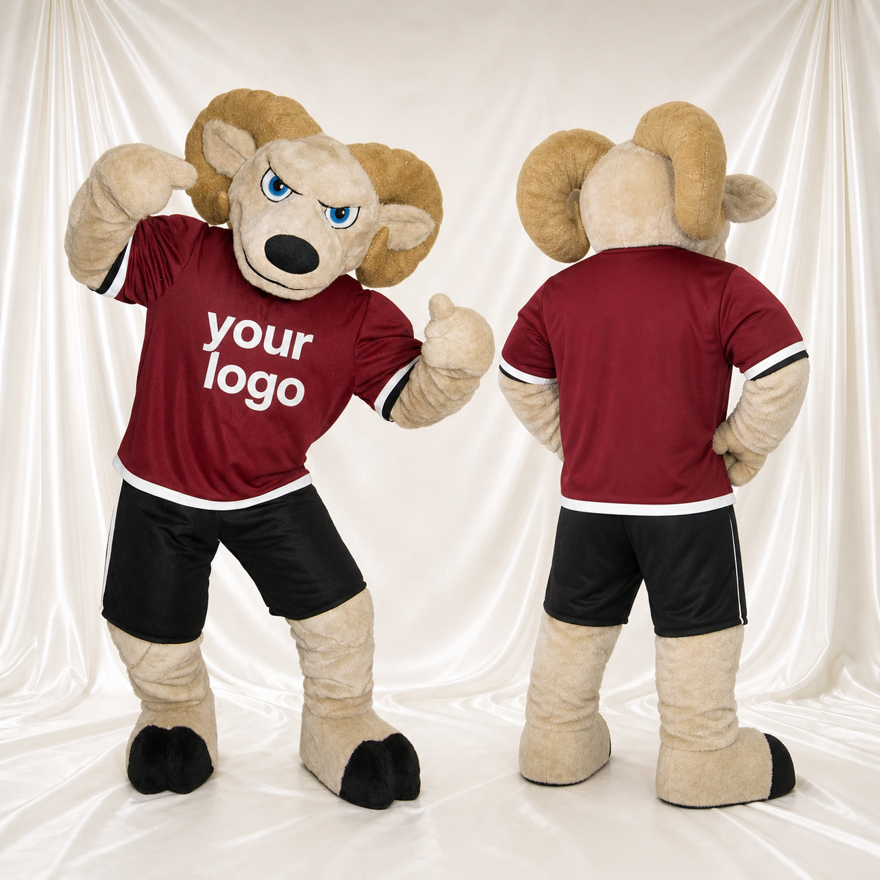 Beige Teamuniform Widder Athlet Maskottchenkostüm Ganzkörper für Erwachsene Sportveranstaltungen Beige Teamuniform Widder Athlet Maskottchenkostüm Ganzkörper für Erwachsene Sportveranstaltungen