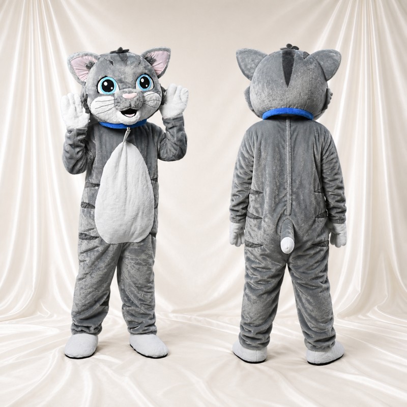 Gray Construction Cat Mascot Costume Full Body for Adults School Events