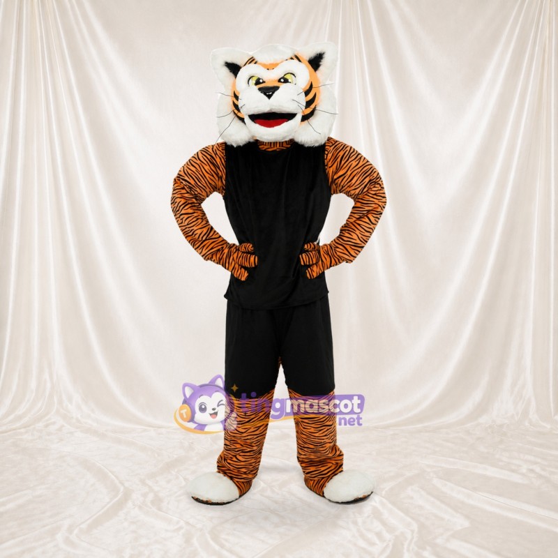 Tigre athlète en uniforme d'équipe orange Costume de mascotte intégral pour adultes Sports