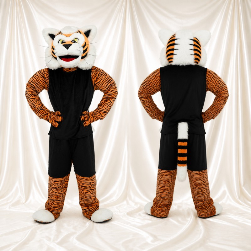 Tigre athlète en uniforme d'équipe orange Costume de mascotte intégral pour adultes Sports